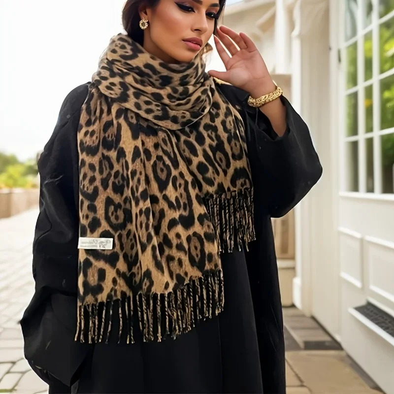 Retro Leopard Scarf Womens Autumn Winter Classic Tassel Shawl Warmth Sexiness 250814