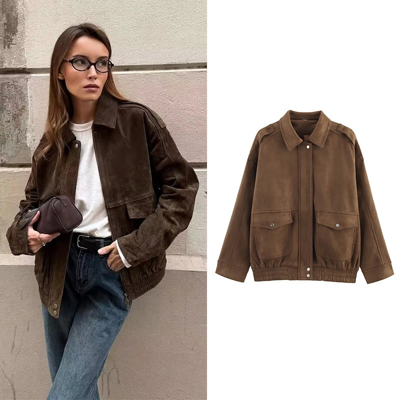 RAFZNB Women Loose Jackets Coats Fashion with Pocket Turn-down Collar Long Sleeve Coats Vintage Female Outerwear Chic Tops250819
