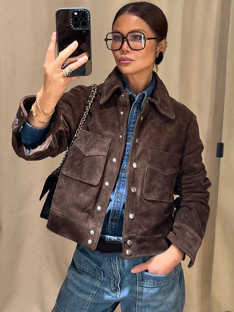 Retro Brown Suede Womens Jackets Lapel Long Sleeve Single Breasted Female Coat 2025 Spring Street Fashion Lady Outerwears 250818