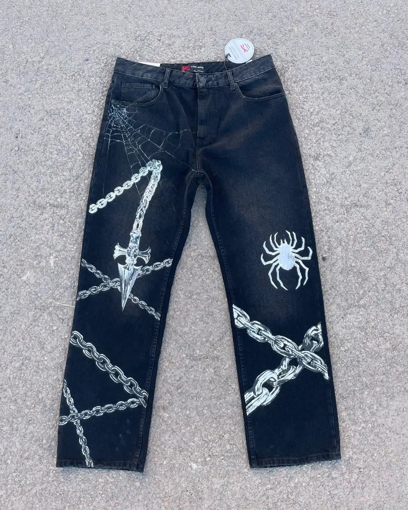 American Retro Y2K Chain Casual Loose Straight Wide-leg Pants Women Street Hip-hop Fashion Versatile Trousers Jeans Men 250818
