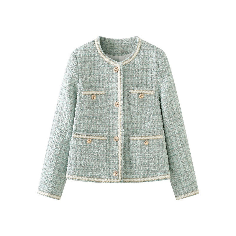 Evnisi Elegant Women Tweed Cardigan manteau avec poche veste de bureau à poitrine simple décontractée automne hiver lâche femme outwear250819