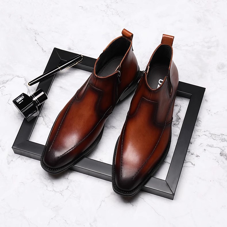 Men's Chelsea boots, top layer cowhide business casual high-top leather shoes, pointed toe boots, genuine leather making