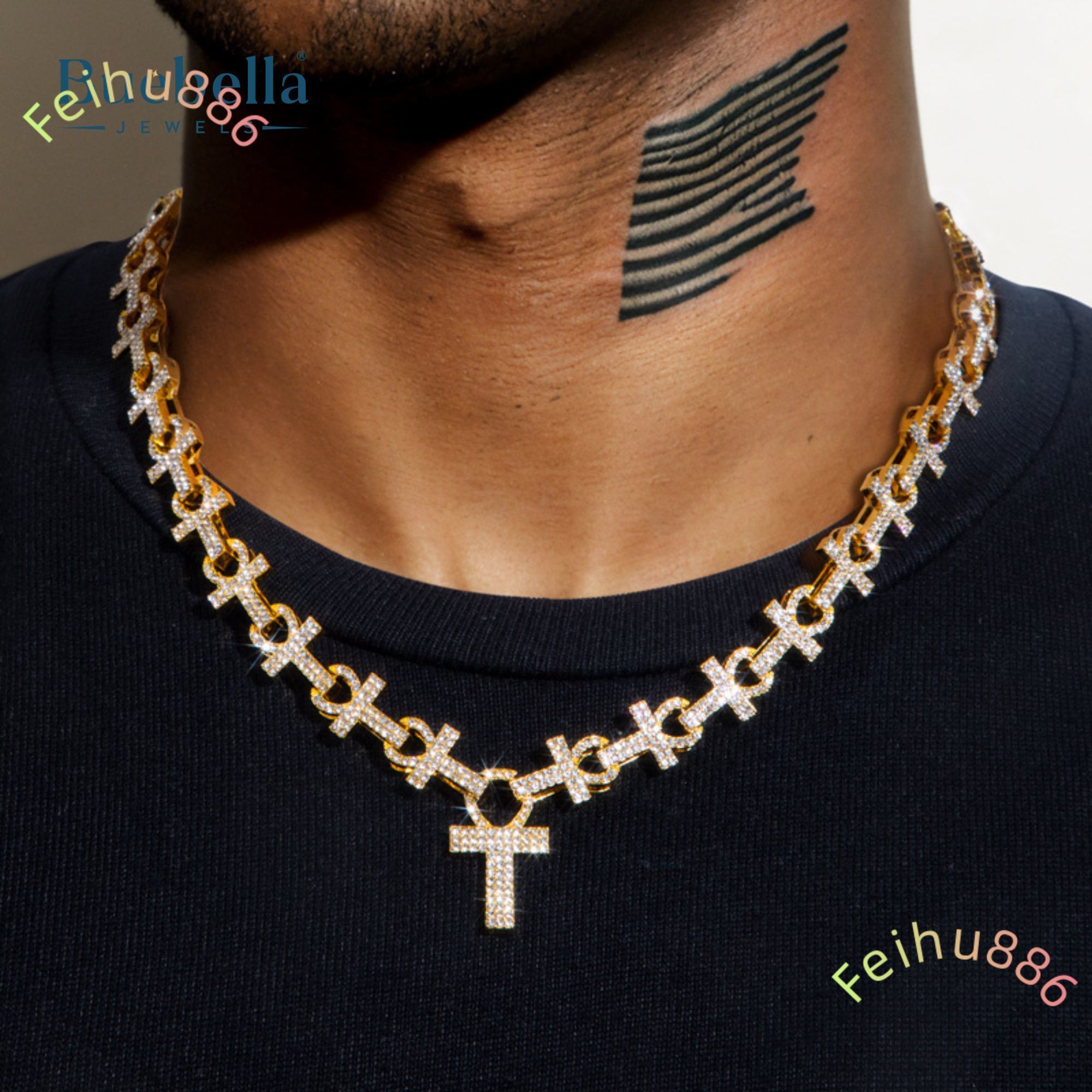 2025 Nouvelle vente chaude 925 Silver 14K Micro Pave Ankh Link Chain Premium Moisanite Colliers pour hommes