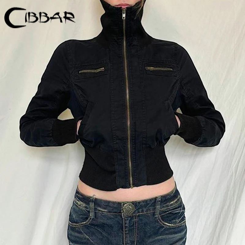 Cibbar Streetwear Black Zip Up Jacket Automne Wincm Winter Coltloweve Full Full Sleeve Cropped Vestes pour les femmes Y2K Vintage dames Outwear 2