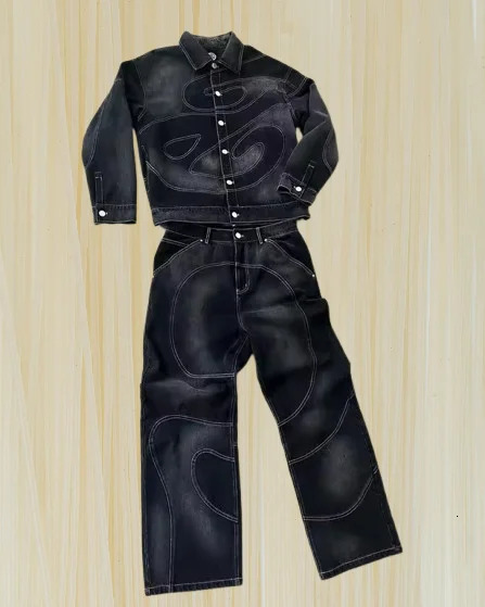 Streetwear Vintage Denim Suit Jacket Jeans Two Piece Y2K Mens Hip Hop Patchwork Embroidery Baggy Button Coats 250818