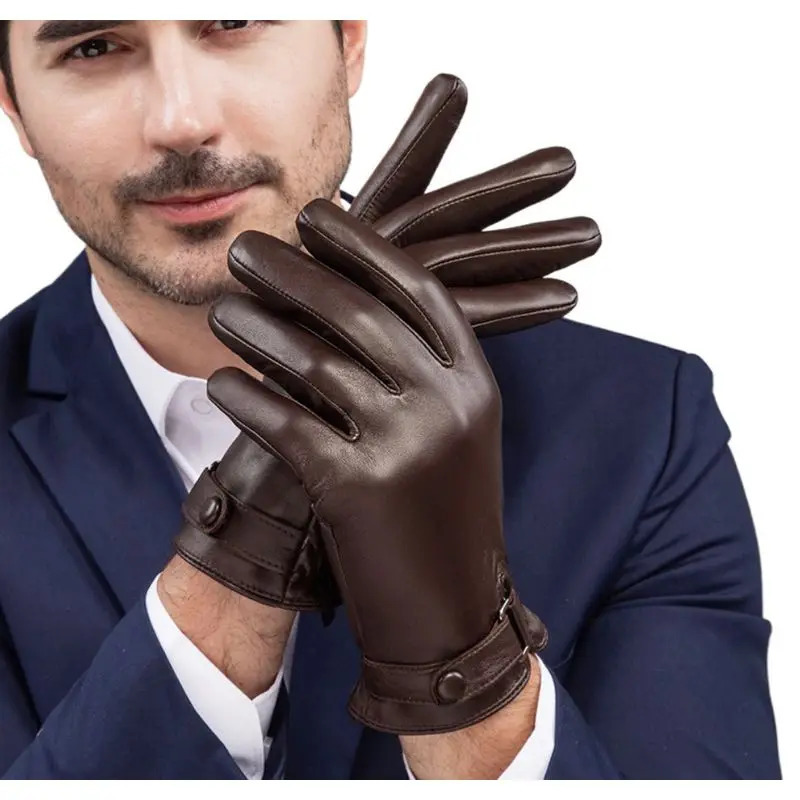 Winter Genuine Sheepskin Leather Gloves Men Warm velvet lined Full Finger Touchscreen Outdoor Cycling Driving Motorcycle Gloves250812