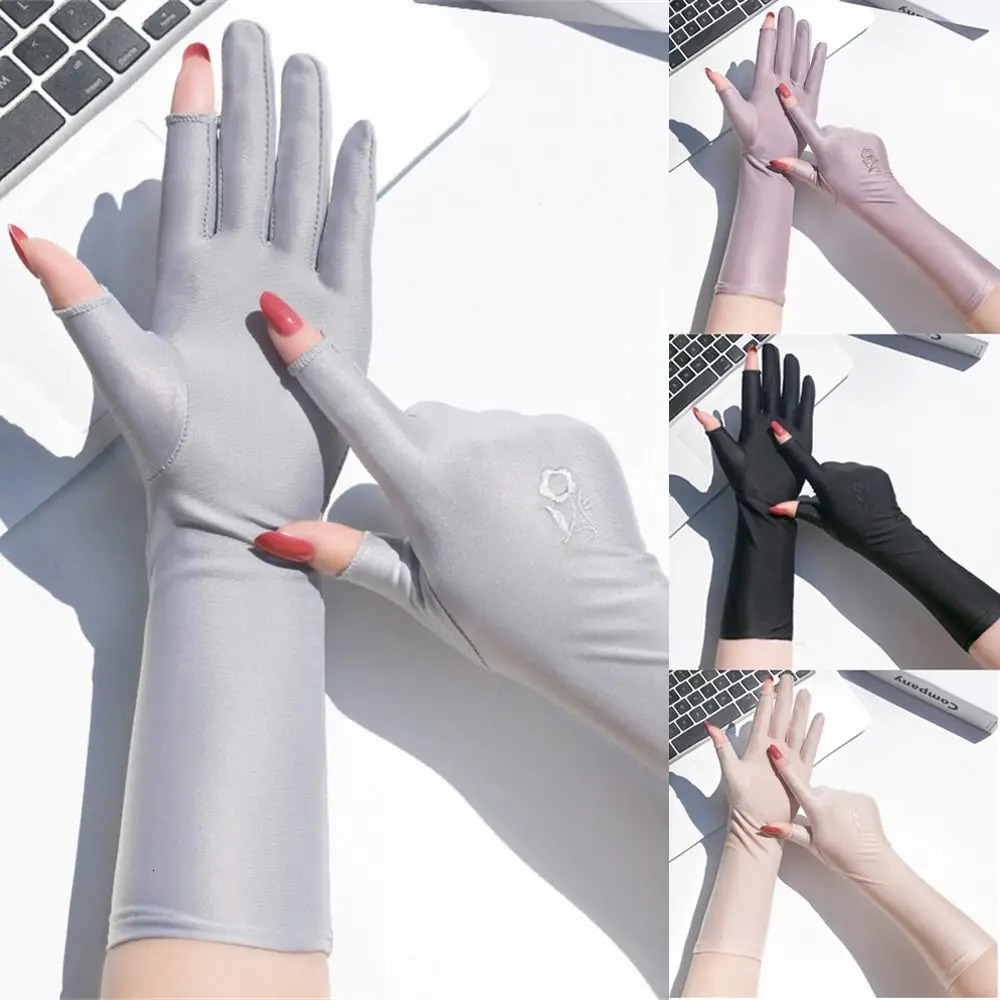 Women Girls Midlong Sunscreen Gloves Summer Spring Thin Elastic Anti UV Driving Slip Resistant Etiquette 250811