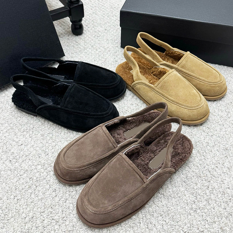 Hot Sales Slingback Suede Loafers Women Wool Dress Shoes Winter Warm Sandals Furry Fluffy Loafer Shearling Lined Sling Back Shoe 910