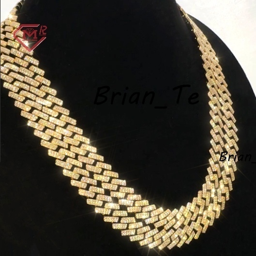 Custom Cuban Link Chain 2 Rows Pass Diamond Test S925 Yellow Gold Plated Moissanite Cuban Chain
