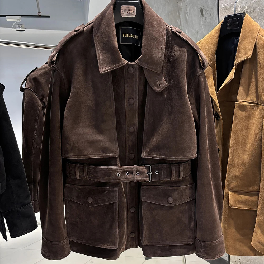 YOLOAgain Real Leather Suede Jacket Women Dark Brown Single Breasted Coat With Belt 250818