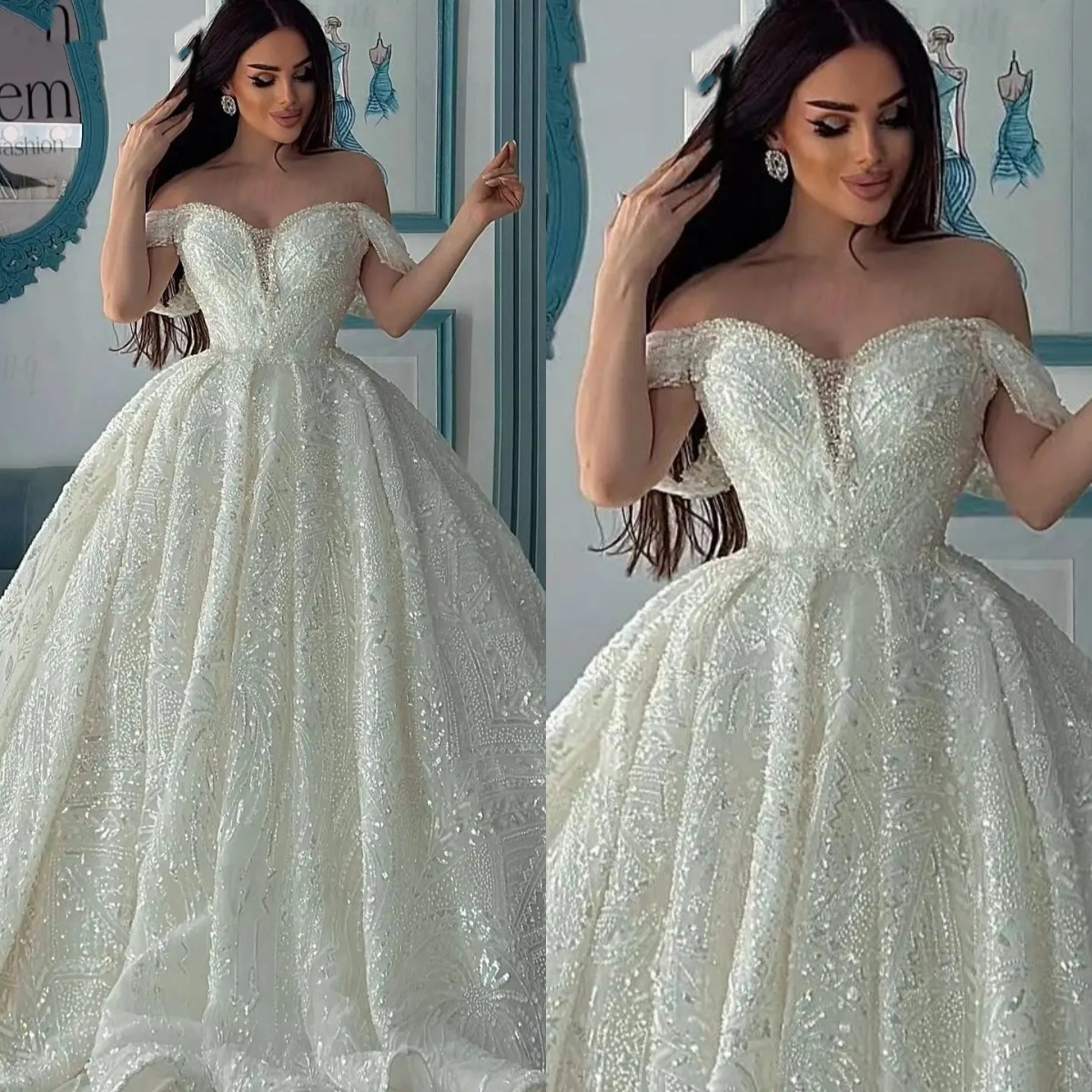 Exquisite Ball Gown Wedding Dresses Off Shoulder Sleeveless Bridal Gowns Sequins Lace Sweep Train Princess Marriage Gowns Custom Made