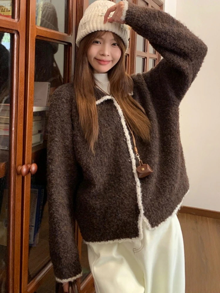 Vintage Long Sleeve Single Breasted Womens Clothes Korean Grey Knitted Cardigan Autumn Winter Lapel Color Block Sweater 250818