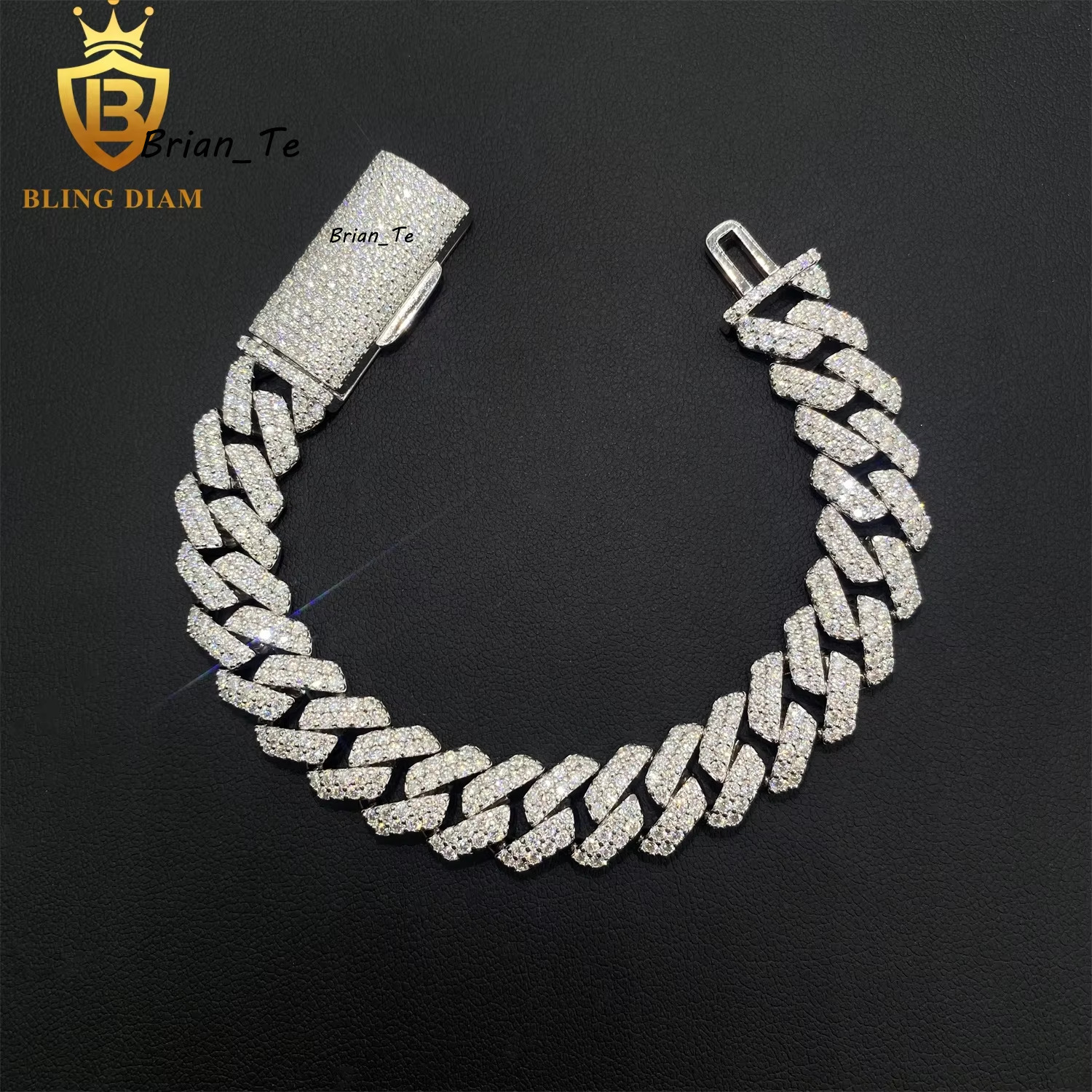 Luxury S925 Silver VVS Moissanite Diamond 12mm Miami Hip Hop Fine Jewelry Men Bracelet Cuban Link Chain