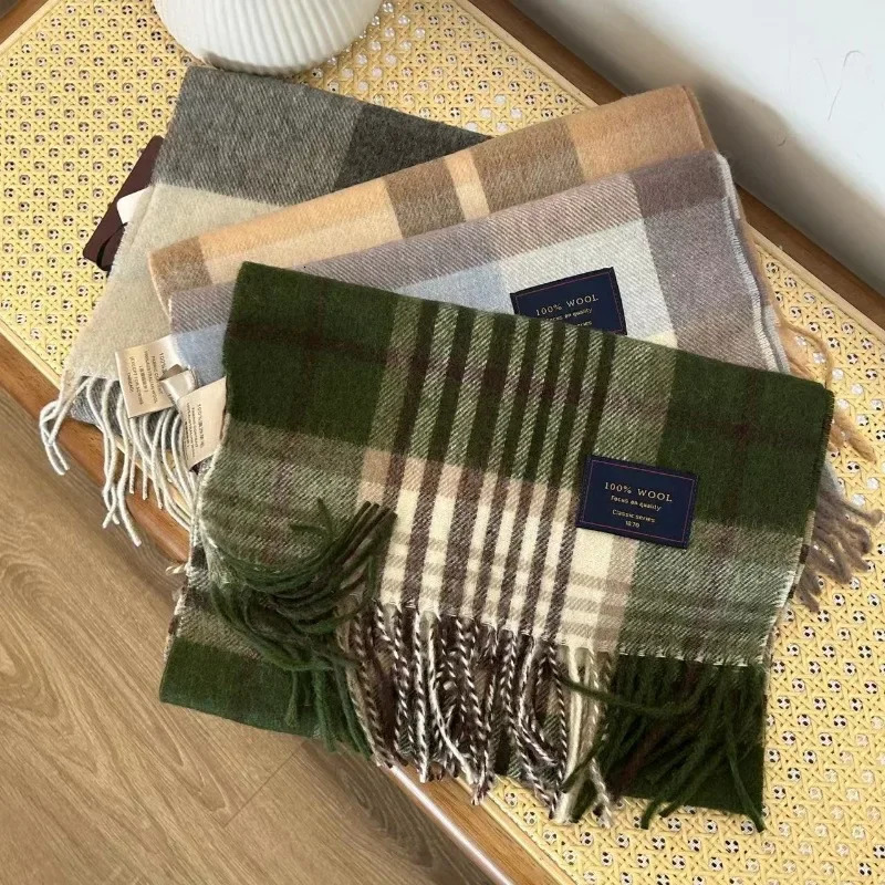 Men Scarf 100% Wool Plaid Warm Soft Muffler Female Winter Autumn Couple Cashmere Windproof Stripe Tassel Shawl Male Thick Scarf 250814