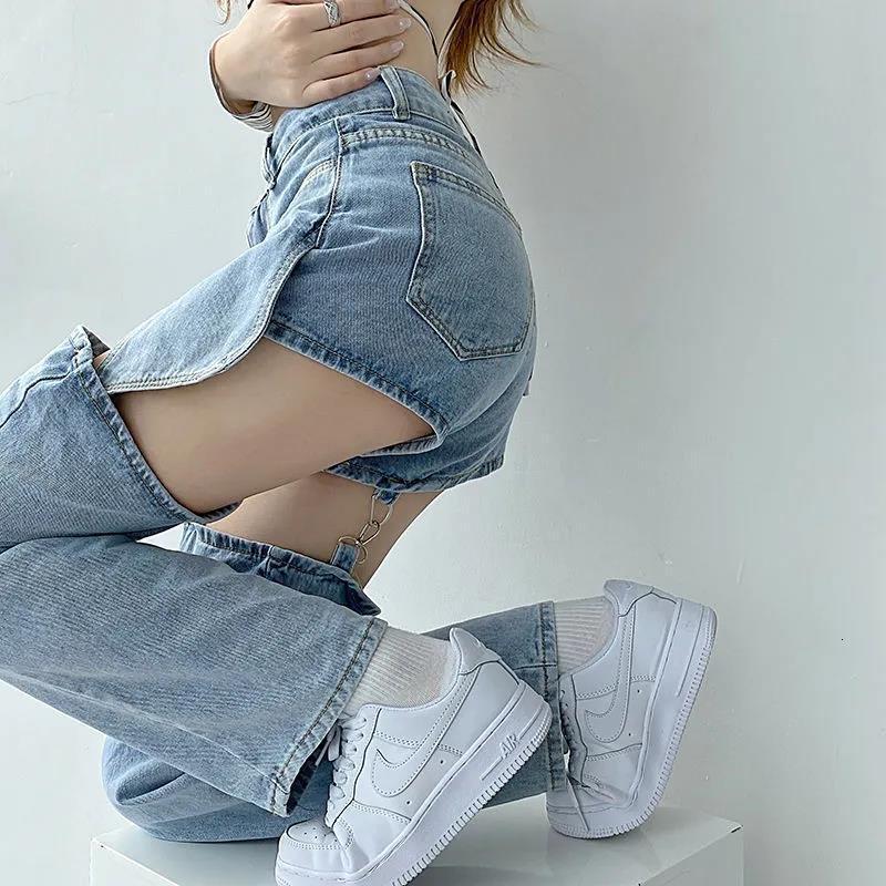 Livraison gratuite Designer en deux pièces en deux pièces jeans ondulés hauts hautes jambe droite pantalon épicé de niche de conception de la jam