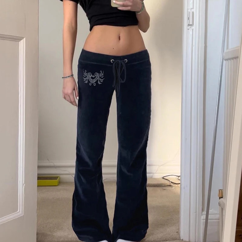 Rockmore Retro Rhinestone Flare Pants Velvet Drawstring Casual Trouser Streetwear Cute Bottoms Y2K Aesthetic 2000s Womens Pants 250819