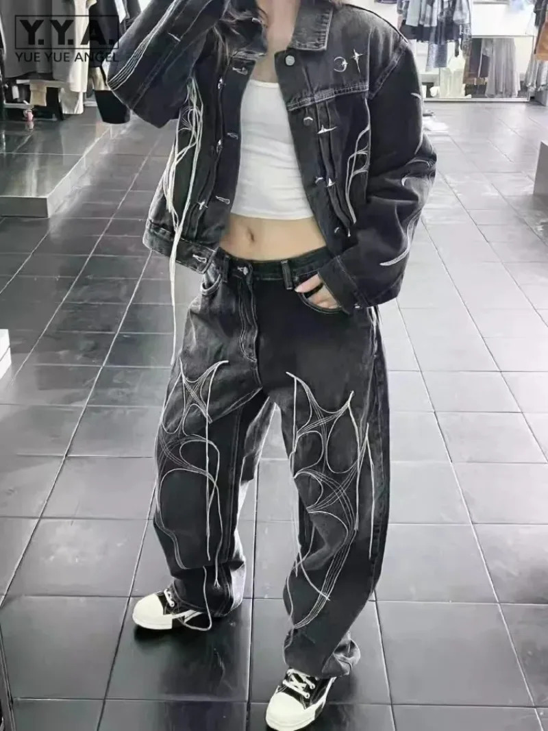 Y2K high street mens loose tassel embroidered denim jacket twopiece suit scattered stage performance costume hip hop 250818