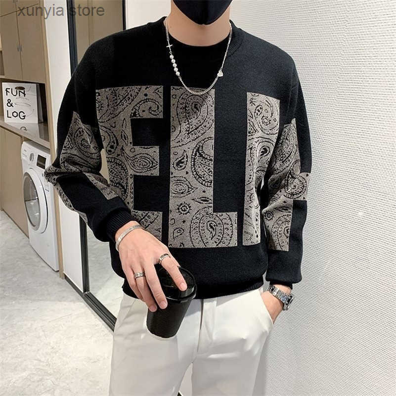 Lettre pour hommes pull en tricoté style masculin floral noir rond col col graphique à la mode coréenne chaude y2k rétro x 240930 s250819