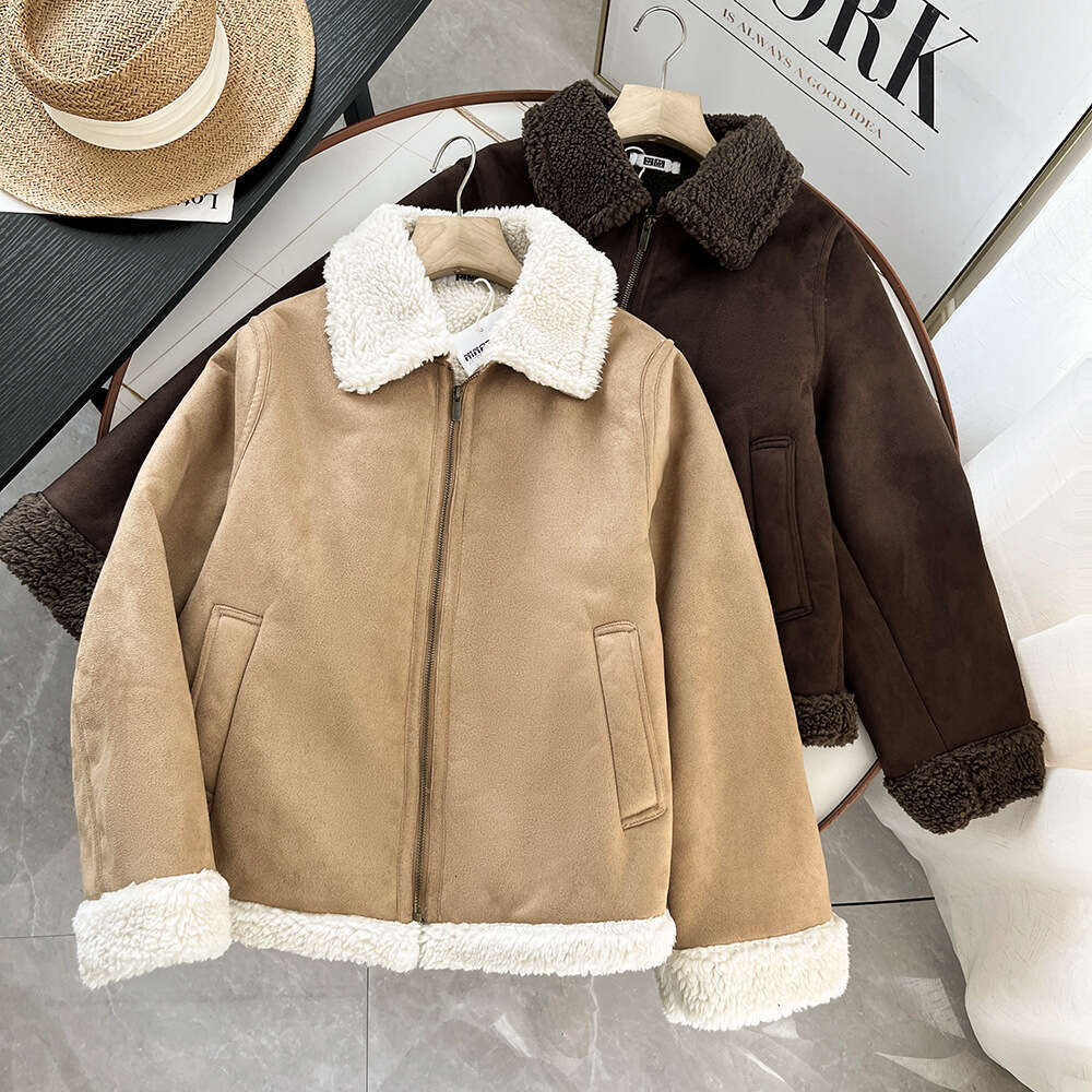 American imitation lambskin jacket, winter thick warm suede jacket, windproof jacket, big collar for women