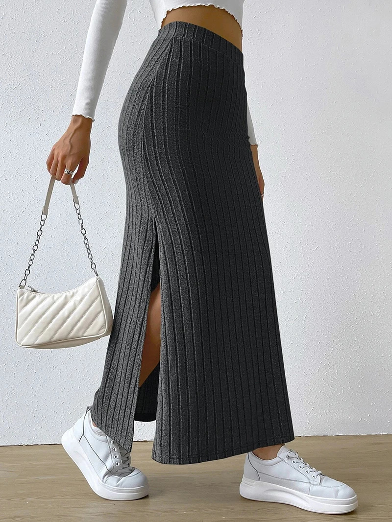 Spring Arrival HighWaist HighStretch Sweater Midi Skirt Simple and Sweet Solid Color with Side Slit Transitional 250818