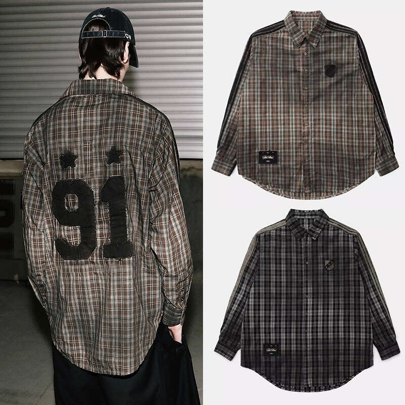 American Korean Style Casual Loose Plaid Slimming Shirt Unisex Long Sleeve Top Jacket B5