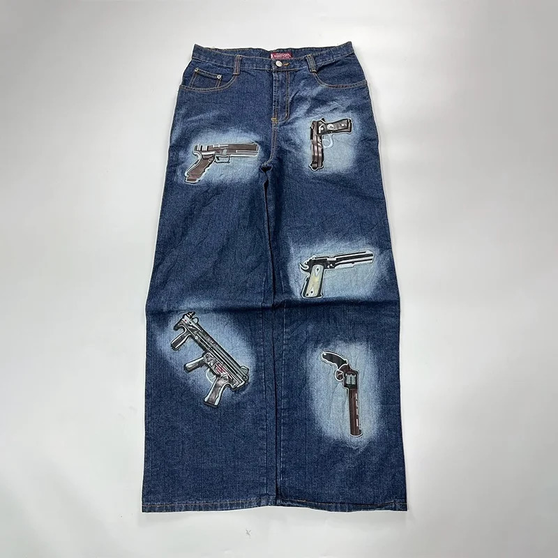 Y2K Vintage Loose Jeans Revolver Pattern Distressed Patch Embroidery Wide Leg Jeans Hip Hop Men Women Casual Fashion Streetwear 250818