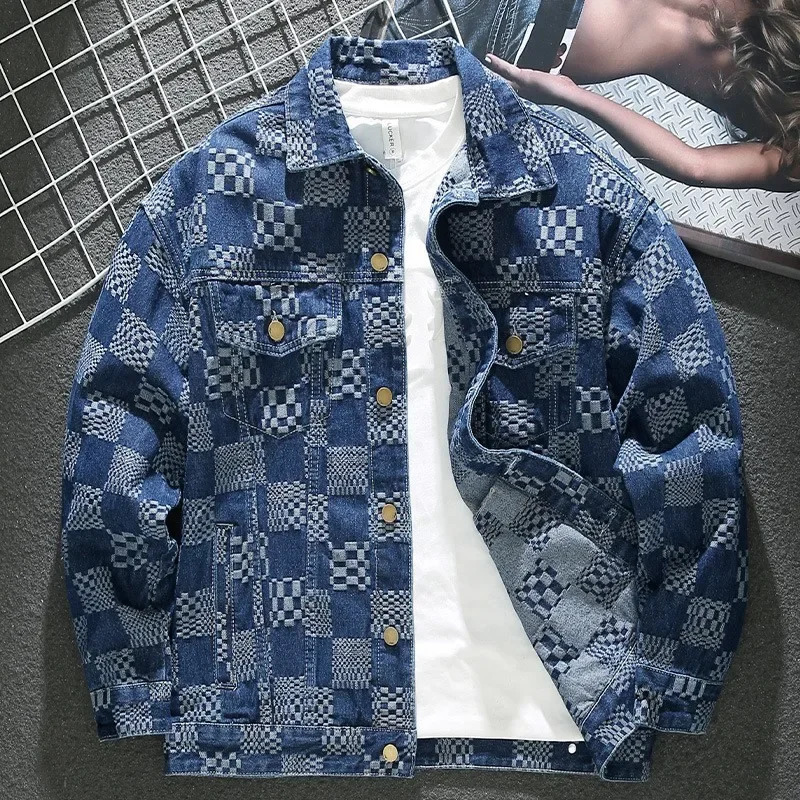 Trendy Vintage Black Plaid Jacket Mens Loose-fit Casual Clothing Enim Jacket For Spring Autumn250819