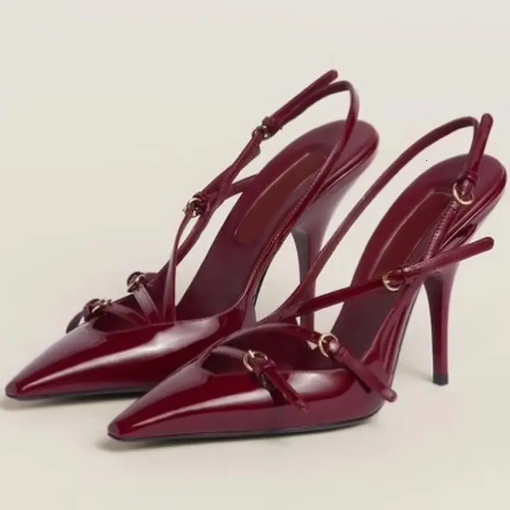 26Ss Designer Women's Patent Leather Slingbacks With Buckles 100Mm Pumps Pointed Toes Stiletto Heel Party Dress Shoes Ankle Strap Bury High