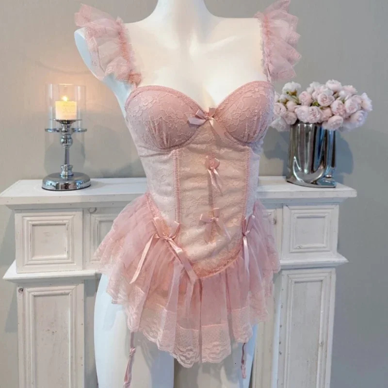 Black Vintage Corset Bustier Top Womens Lace Underbust Ruffles Sexy Lingerie Corset Push Up Bra Ladies Thong G-String Underwear 250815