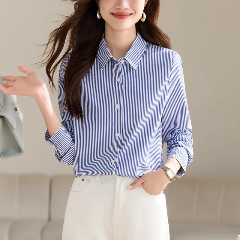 Classic Striped Women Spring Summer Blouse Shirt Lady Long Sleeve Stand Collar Simple Blusas Tops Polyester Blue Shirts Chic 250813