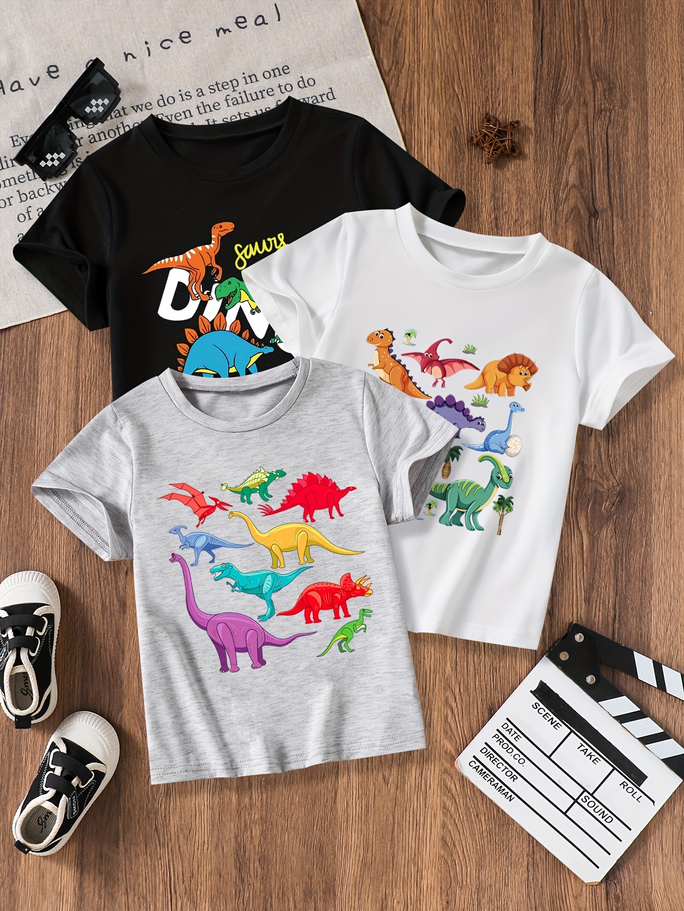 T-shirts Children&#039;s Tri-Pack: Breathable & Fast Dry Boys&#039; Shirts Featuring Little Dinosaurs Patterns-image-1071747811