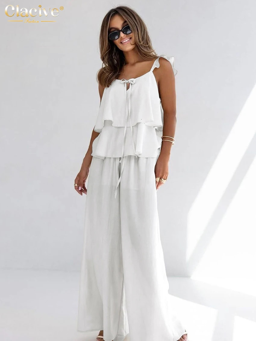 Clacive Summer Loose White Cotton Womens Two Pieces Set 2025 Fashion Sleeveless Tank Top With High Waist Wide Pants Set Female 250818