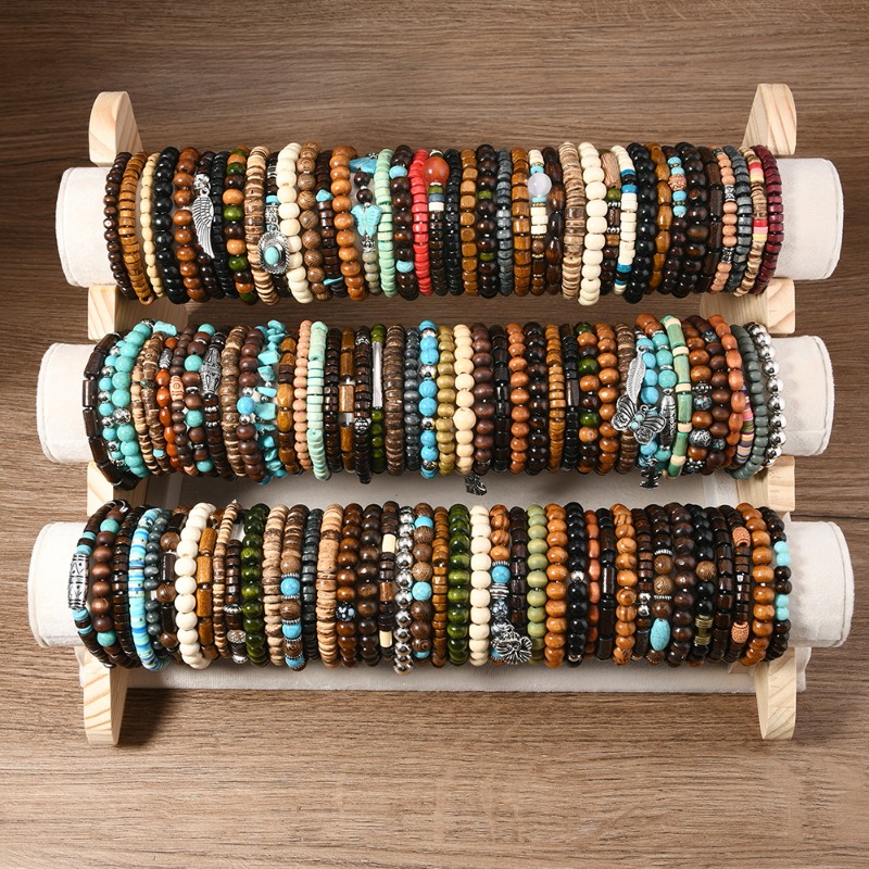DIY new Bohemian style turquoise glass bead wood bead elastic string bead bracelet mixed style color random matching bracelet