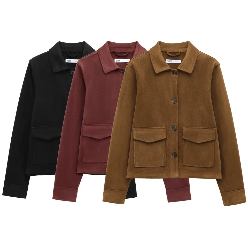 TRAF Womens Suede Texture Jacket 2025 Fashion Long Sleeve Cropped Coats Women Casual In Outerwear 250818