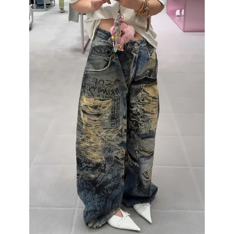 Autumn Y2k Graffiti Ripped Hole Punk Floor Pants American Plus Size 3D Printed Straight Leg Jeans for Women 250818