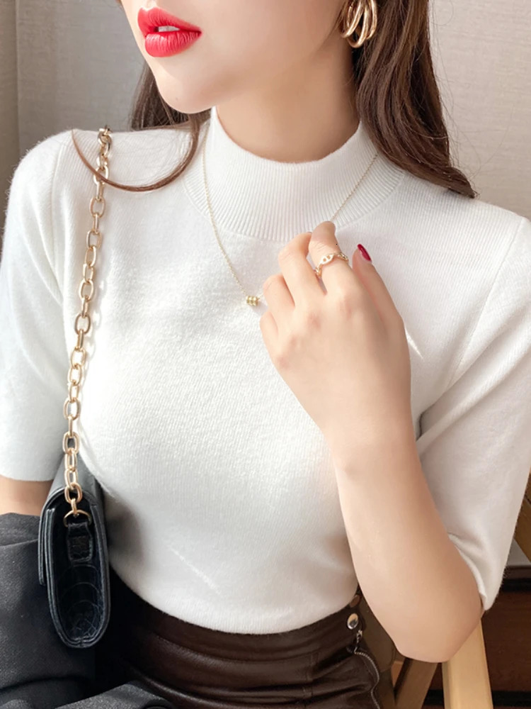 Zjaiss Female Knitted Sweater Turtleneck Basic Solid Pullover Women Slim Short Sleeve Bodycon 250818
