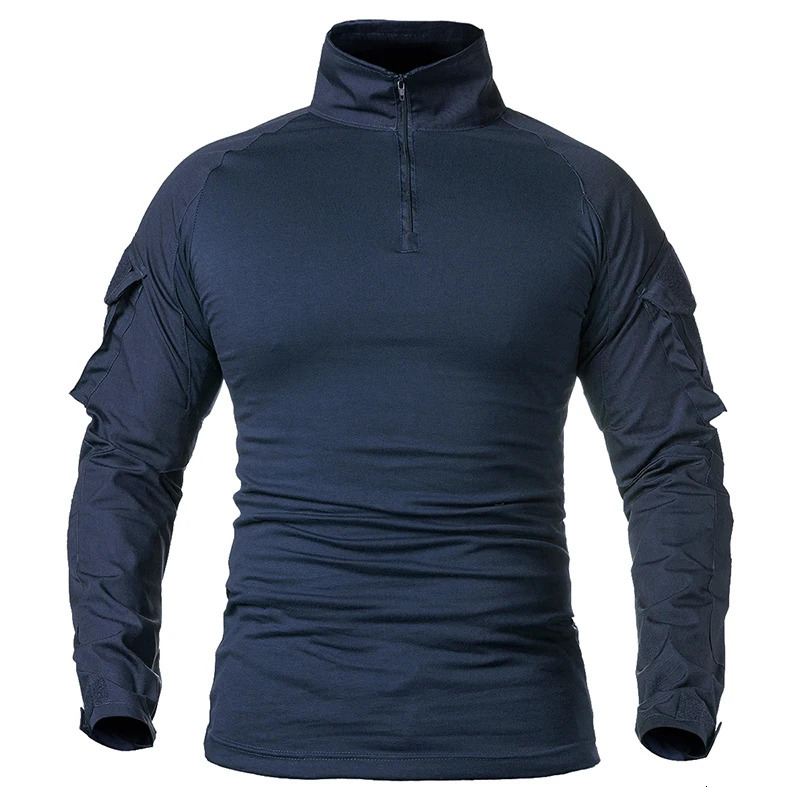 Mens Long Sleeve Combat Shirt 1/4 Zipper Ripstop Cotton Tactical Shirts Navy Blue Camoufalge Airsoft T Shirts250819