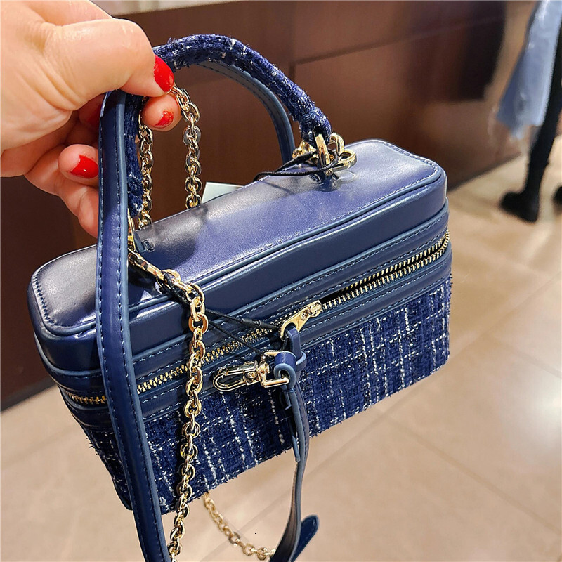 Fashion Woolen Women's Spliced Mini Handbag Free Shipping Designer Fashion New Product Blue Hard Shoulder Bag Diagonal Cross Carrying Box Makeu