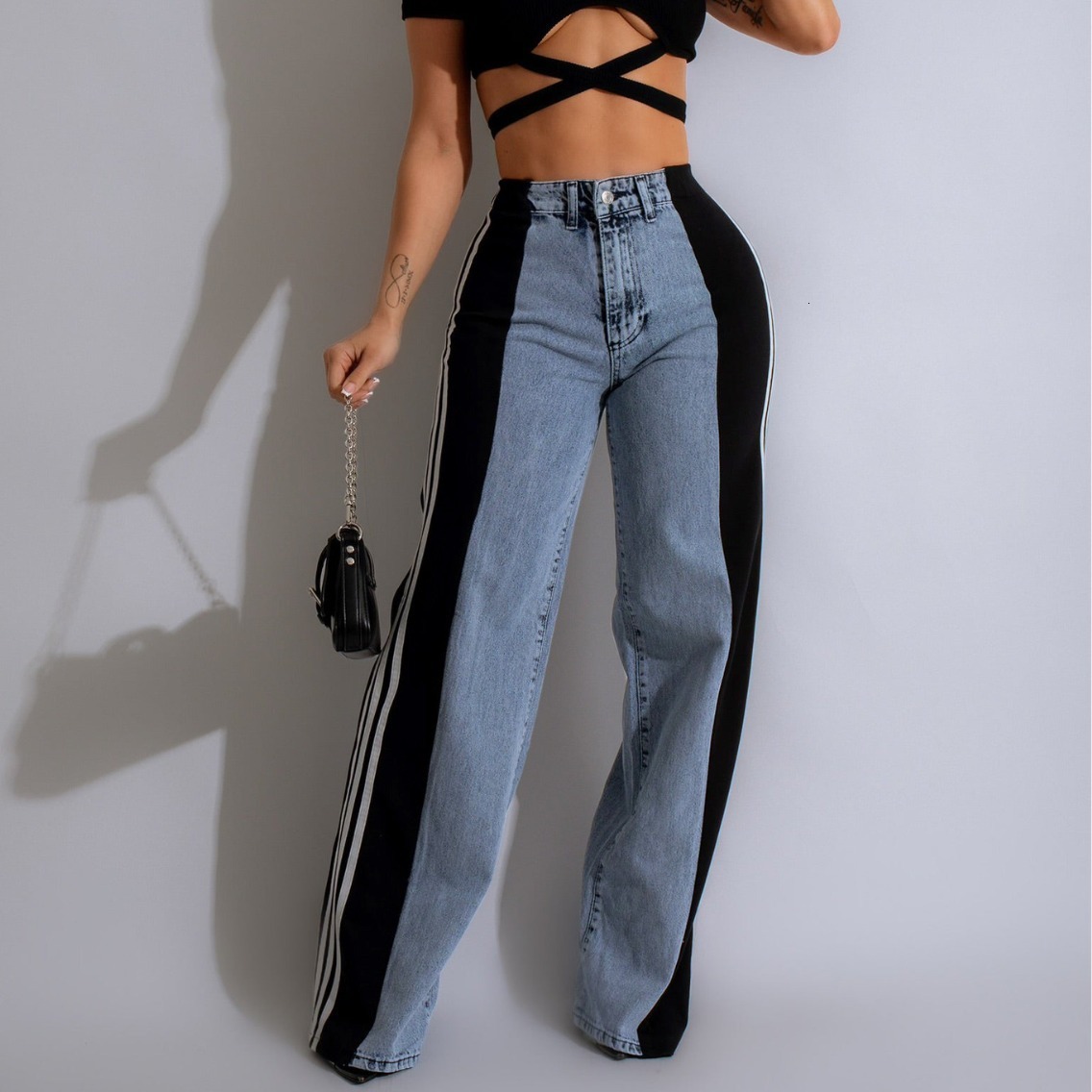 Déscripteur de livraison gratuite 2025 Patch de mode d'été Trois jeans à jambes larges Stripe pour le nouveau pantalon de jambe droite élastique