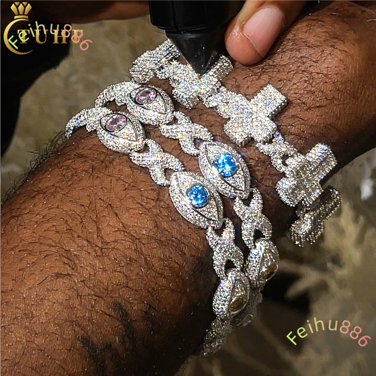 Pass Diamond Tester Moissanite Evil Eye Infinity Cuban Link Bracelet 925 Silver VVS Mossanite Iced Out Cross Cuban Bracelet