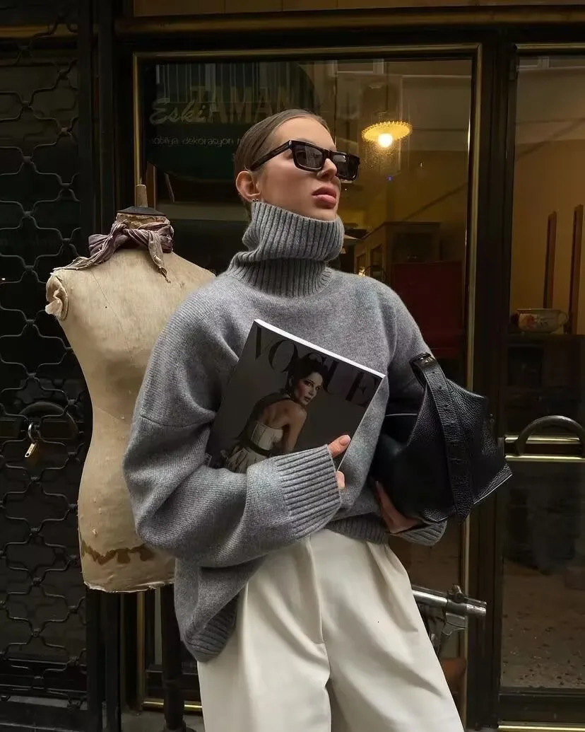 Thickened turtleneck 100% pure cashmere sweater womens loose lazy knit silhouette European products 250818