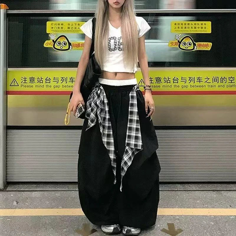 Y2K Streetwear Hip Hop Cargo Pantals Femmes Summer High Waist Plaid Patchwork Pantalon de jambe large American Baggy Casual Contrassement 250819