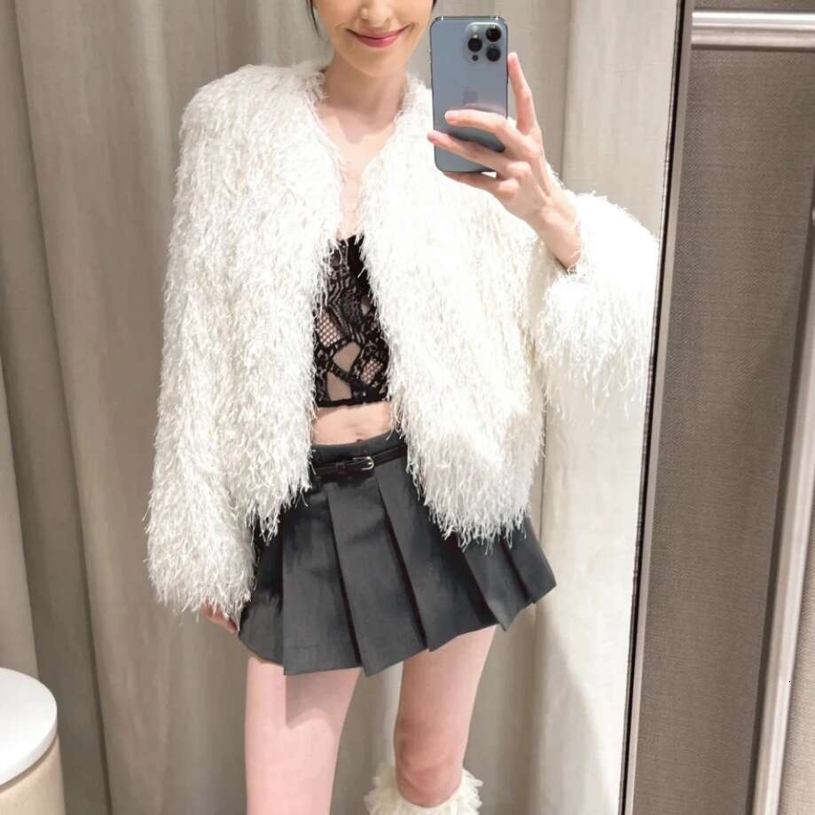 Women's Faux Fur Cropped Jacket O-neck Long Sleeve Thick Female Warm Short Coat Solid Lady Casual Fuzzy Outerwear