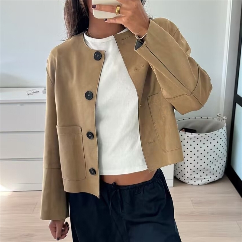 TRAF Womens Jacket Cropped Suede Jacket Old money style women Vintage Outerwears Demi-season Jacket Woman in Coats 250818