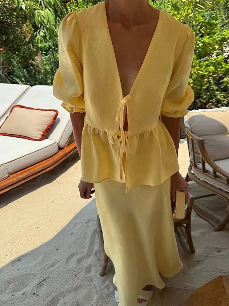 Elegant Ribbon Spliced Suits With Skirt Deep V-neck Lace Up Puff Sleeve Top High Waist Mermaid Long Skirt Lady Suit Commuting 250818