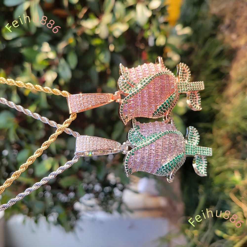 925 silver Fashion Jewelry 18K White Gold Plated Roses Pendant Iced Out Bling Pink Green Moissanite Hip Hop Flower Necklace