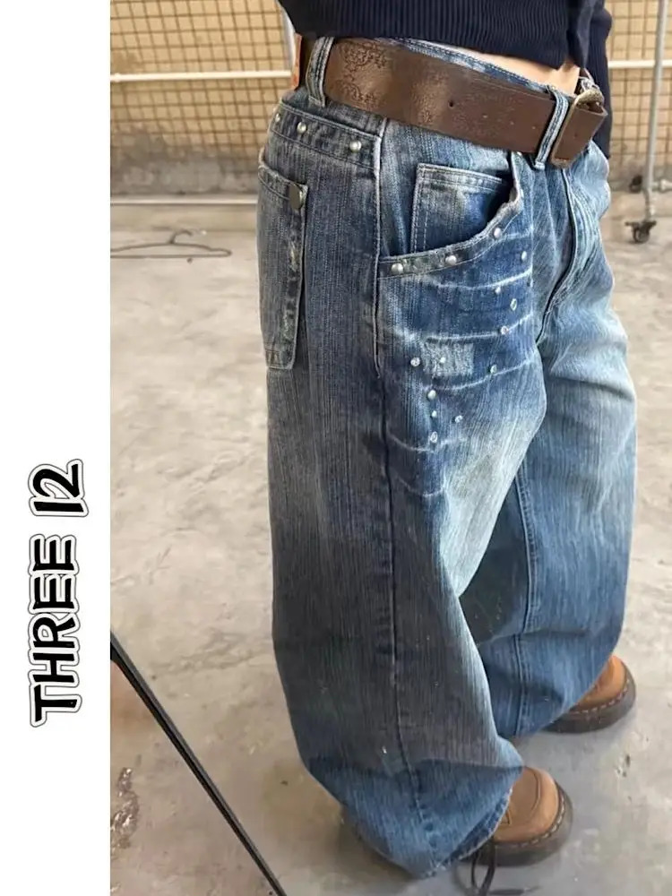 Retro Distred American High Street Jeans Womens Spring Summer Wide Leg Floor-Length Pants with Rivet Lightning Pattern 250818