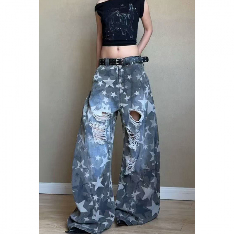 Free Shipping Designer American Retro Full Printed Star Pattern Ripped Jeans Men's 2025 Summer Multi-functional Loose Wide Leg Pants