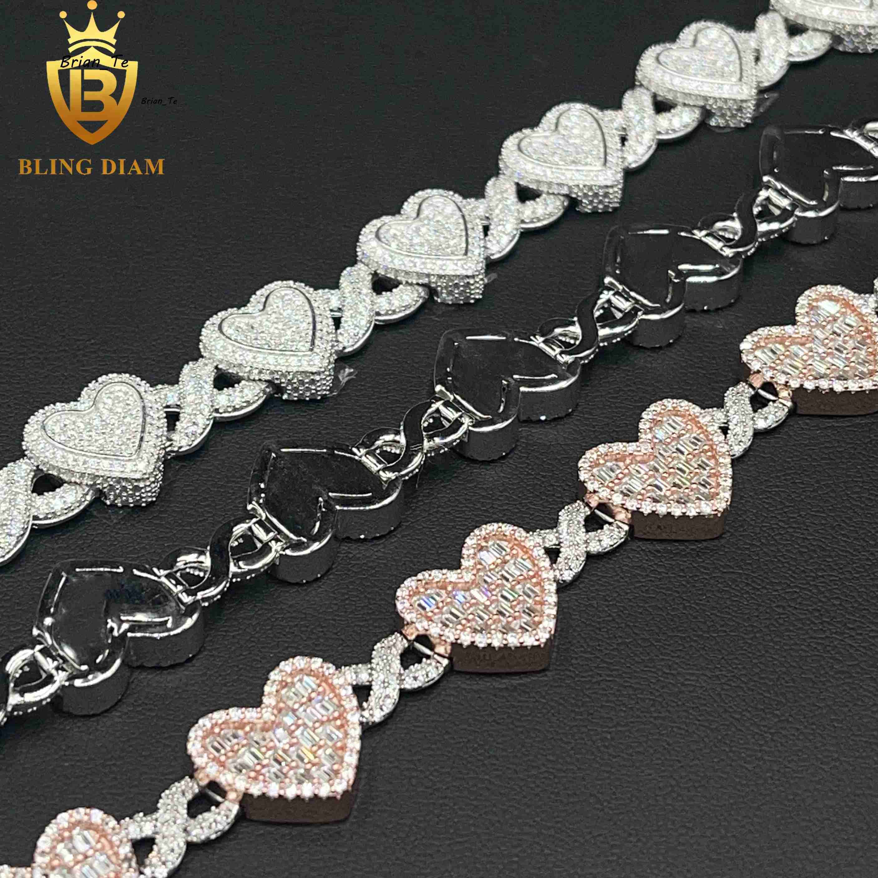 9mm 14mm Heart Design Fashion Jewelry 925 Sliver Iced Out Hip Hop Cuban Link Bracelets Moissanite