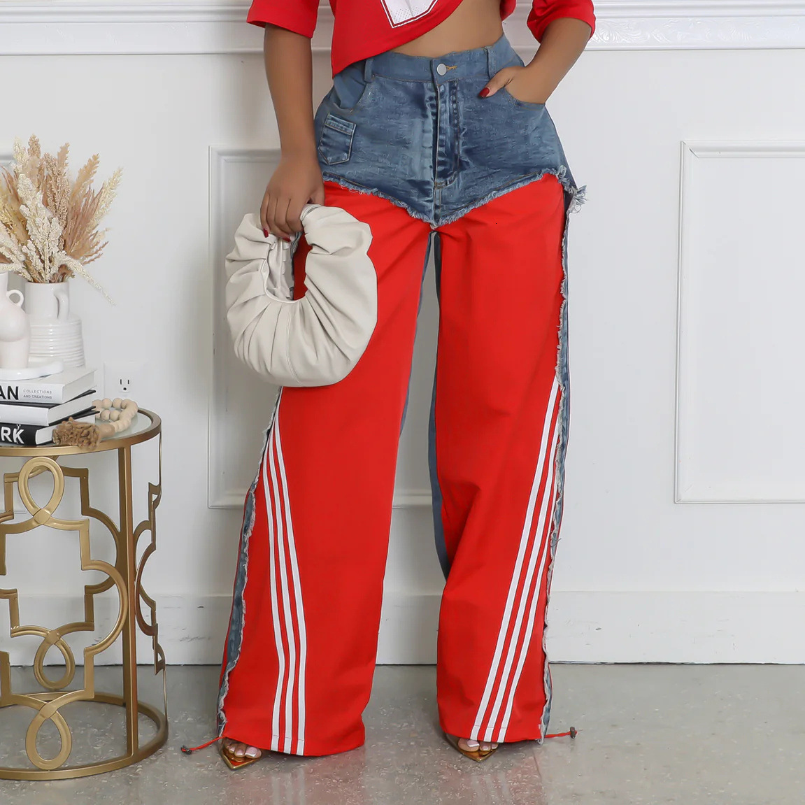 Free Shipping Designer 2025 European Fashion Brand American Street Style Patch Design Striped Retro Drawstring Women's Jeans